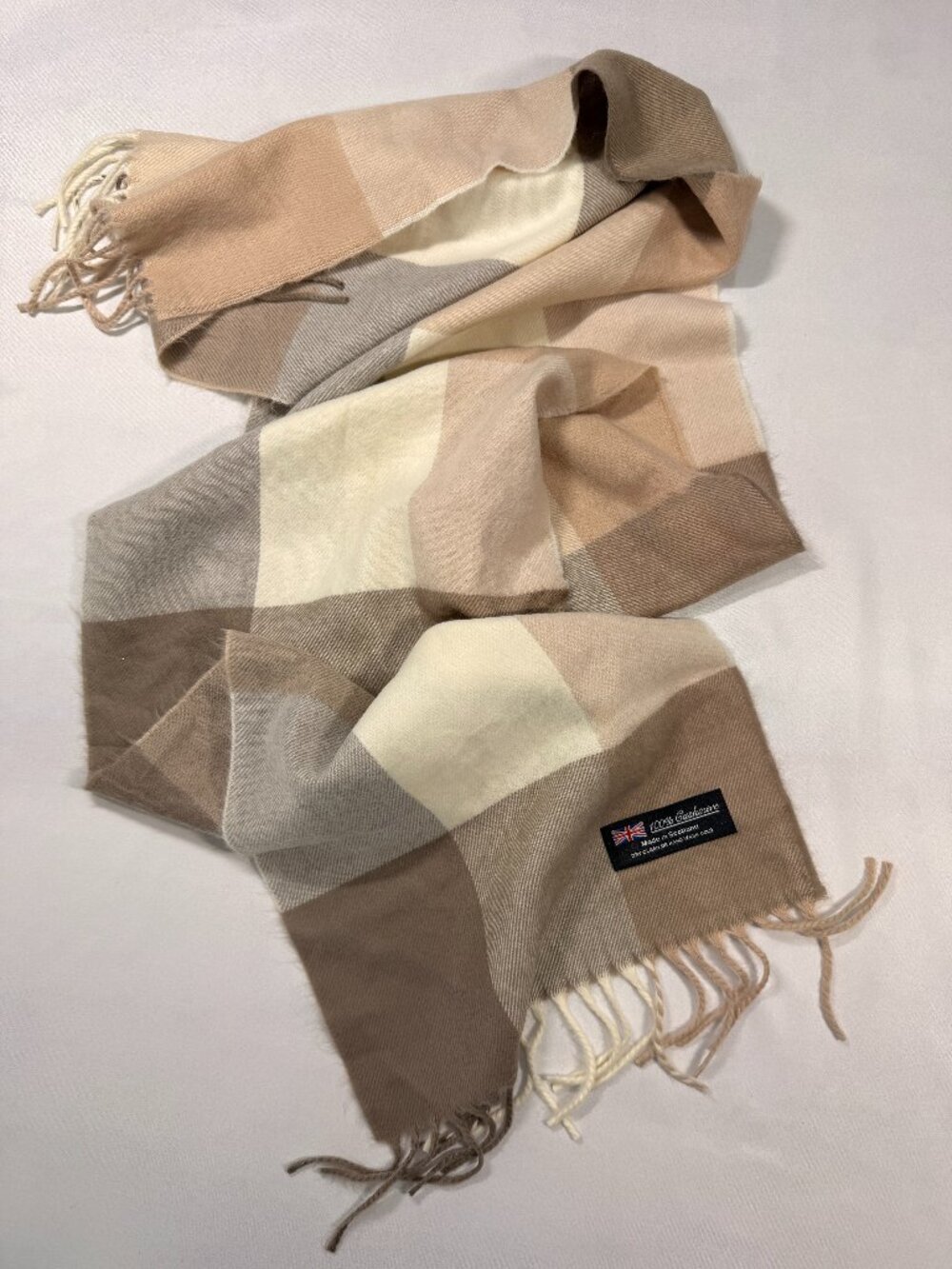 100% Cashmere Scotland Neutral Plaid Scarf